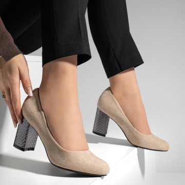 Pantofi dama cu toc gros bej suede MOD02830, 3, modlet.ro
