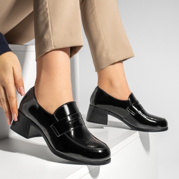 Pantofi dama cu toc gros negri cu aspect lacuit MOD13008, 4, modlet.ro