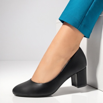 Pantofi dama cu toc gros negri din satin INA26