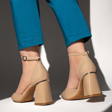 Pantofi dama cu toc gros si bareta bej cu aspect mat MOD13101, 4, modlet.ro