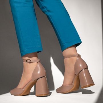 Pantofi dama cu toc gros si bareta bej inchis MOD13101, 2, modlet.ro