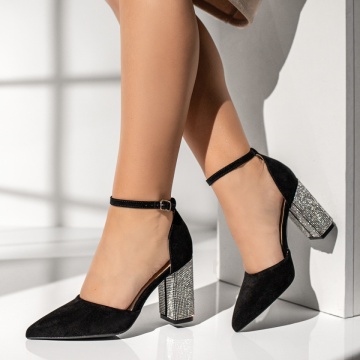 Pantofi cu toc gros dama, Pantofi dama cu toc gros si bareta negru suede LIA35, modlet.ro