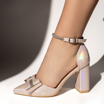 Pantofi dama cu toc gros si fundita roz deschis LIA30