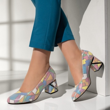 Pantofi cu toc, Pantofi dama cu toc gros si imprimeu multicolor MOD14193, modlet.ro