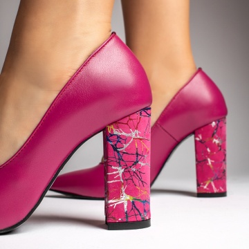 Pantofi dama cu toc gros si imprimeu roz din Piele naturala MOD12738, 2, modlet.ro