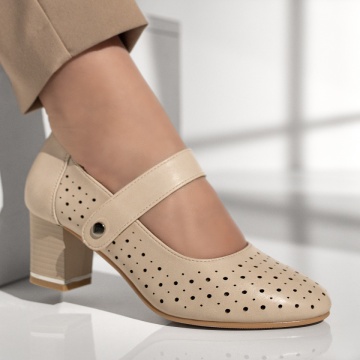 Pantofi dama cu toc gros si perforatii bej MOD11467, 4, modlet.ro