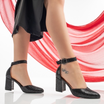 Pantofi dama cu toc gros si print negri din Piele naturala MOD11062, 3, modlet.ro
