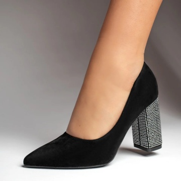 Pantofi dama cu toc gros si strasuri aplicate negru suede LIA36