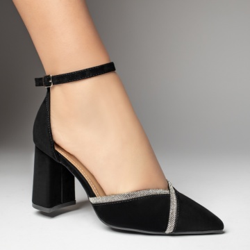 Pantofi dama cu toc gros si strasuri aplicate negru suede MOD13538, 4, modlet.ro