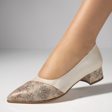 Pantofi dama cu toc mic si imprimeu bej din Piele naturala MOD12143, 2, modlet.ro
