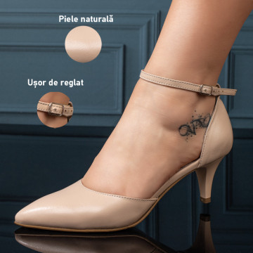 Pantofi dama cu toc si bareta bej din Piele naturala MOD11064, 3, modlet.ro