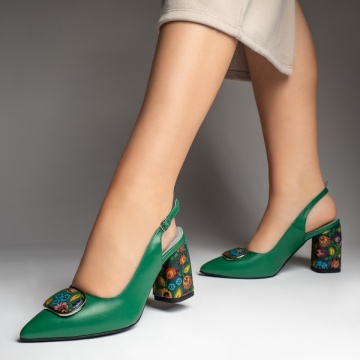Pantofi dama cu toc si bareta verzi cu model floral din Piele naturala ZEF13130, 2, zeforia.ro