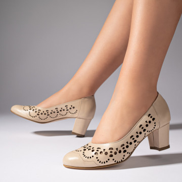 Pantofi dama cu toc si perforatii bej din Piele naturala MOD10235, 4, modlet.ro