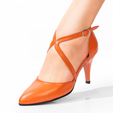 Pantofi dama portocalii cu toc si barete din Piele naturala MOD08079, 4, modlet.ro