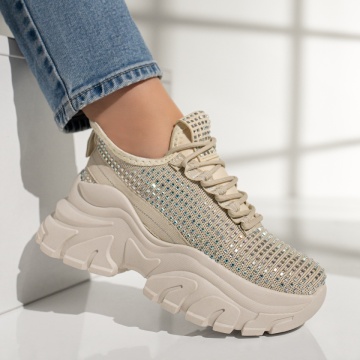 Pantofi dama sport cu pietre aplicate si talpa groasa bej MOD12972, 4, modlet.ro