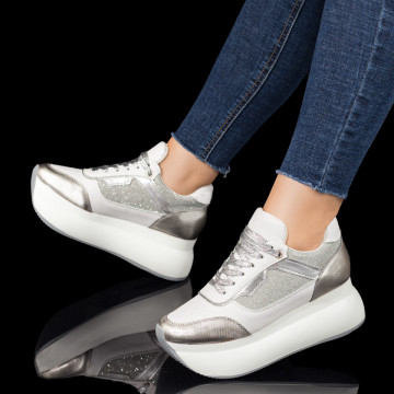 Pantofi dama sport cu talpa groasa albi cu argintiu MOD10418, 1, modlet.ro