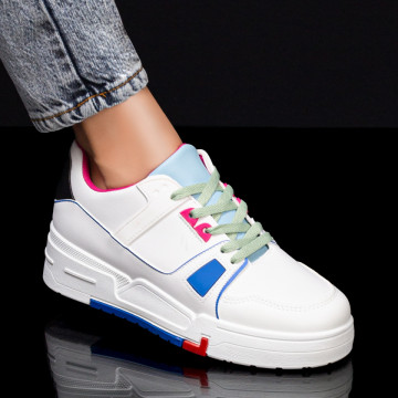 Pantofi sport dama albi cu albastru si talpa groasa MOD03274