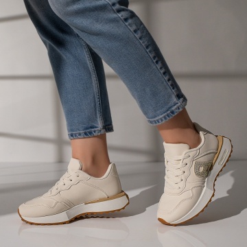 Pantofi sport dama cu siret si aplicatii cu pietre bej MOD11768, 4, modlet.ro