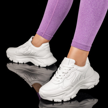 Pantofi sport dama cu siret si talpa groasa albi MOD10026, 1, modlet.ro