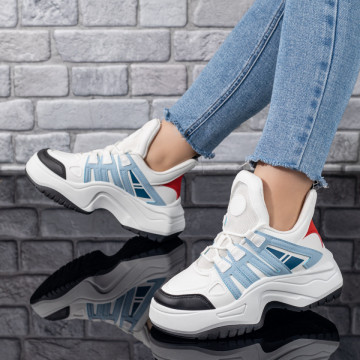 Pantofi sport dama cu talpa groasa albi cu albastru MOD09845, 3, modlet.ro
