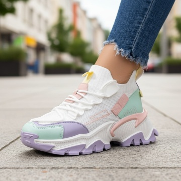 Pantofi sport dama cu talpa groasa albi cu mov MOD09199