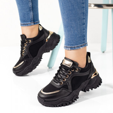 Pantofi sport dama cu talpa groasa negri cu auriu MOD09796, 3, modlet.ro