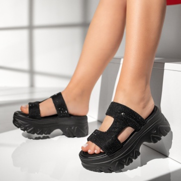 Papuci dama cu platforma si pietre aplicate negri MOD13524, 4, modlet.ro