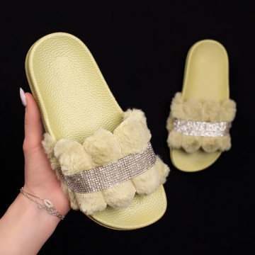 Papuci dama cu puf si strasuri aplicate verzi MOD04934, 3, modlet.ro