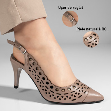 Sandale bej perforate cu toc subtire din Piele naturala MOD11307, 3, modlet.ro