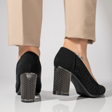 Sandale cu toc gros dama si strasuri negre suede MOD11469, 5, modlet.ro