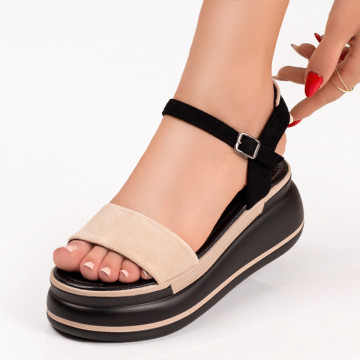 Sandale dama cu talpa groasa si bareta negru cu bej suede MOD04137, 2, modlet.ro