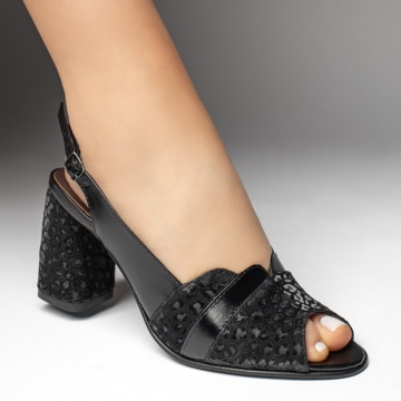 Sandale dama cu toc gros negre cu imprimeu din Piele naturala MOD13450, 3, modlet.ro
