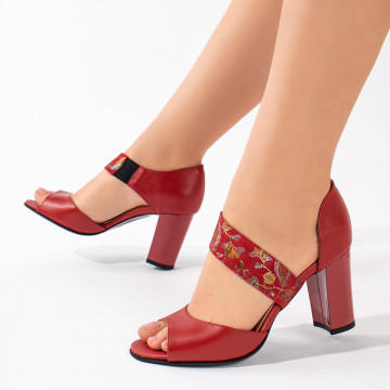 Sandale dama cu toc gros rosii cu imprimeu din Piele naturala MOD08912, 4, modlet.ro