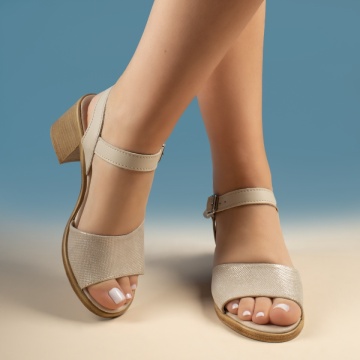 Sandale dama cu toc gros si imprimeu bej din Piele naturala ZEF11631, 2, zeforia.ro