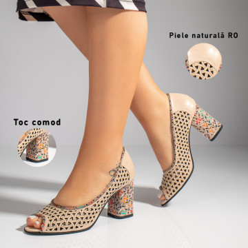 Sandale dama cu toc gros si perforatii bej din Piele naturala MOD11459, 3, modlet.ro