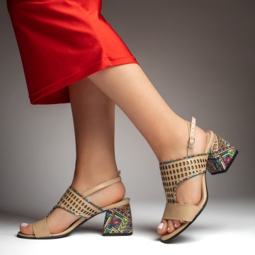Sandale dama cu toc gros si perforatii bej din Piele naturala MOD13449, 3, modlet.ro