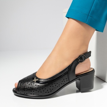 Sandale cu toc, Sandale dama cu toc gros si perforatii negre MOD14261, modlet.ro