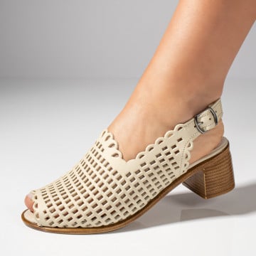 Sandale dama cu toc si bareta bej din Piele naturala MOD05178