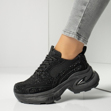 Sneakers dama cu talpa groasa si pietre aplicate negri MOD13949, 4, modlet.ro