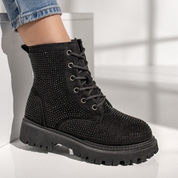 Bocanci dama cu fermoar si strasuri aplicate negru suede MOD12239, 3, modlet.ro