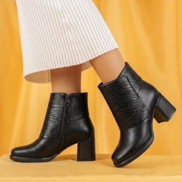 Botine dama cu toc gros negre din Piele naturala FLORINA11