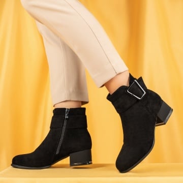 Botine dama cu toc gros negru suede MOD06655