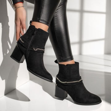 Botine dama cu toc gros si accesoriu decorativ negru suede MOD12637, 2, modlet.ro