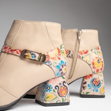 Botine dama cu toc gros si model floral bej deschis din Piele naturala ZEF12735, 4, zeforia.ro