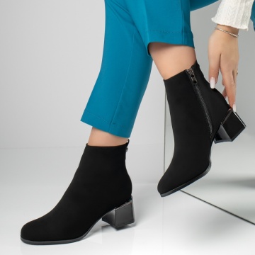 Botine dama cu toc si fermoar negru suede INA35