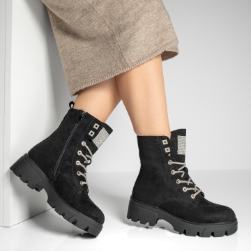 Ghete dama cu fermoar si aplicatii cu pietre negru suede MOD12822, 3, modlet.ro