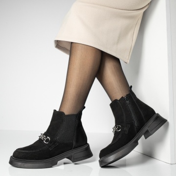 Ghete cu Toc, Ghete dama cu fermoar si talpa joasa negre din Piele naturala MOD14101, modlet.ro