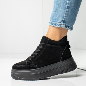 Ghete dama cu siret si talpa groasa negru suede din Piele naturala MOD14014, 1, modlet.ro