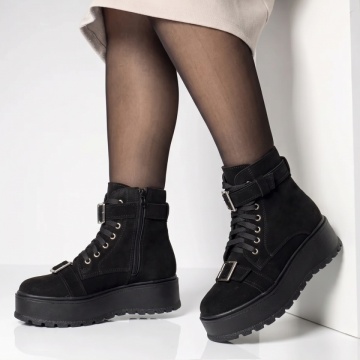 Ghete dama cu talpa groasa negru suede din Piele naturala BIA26