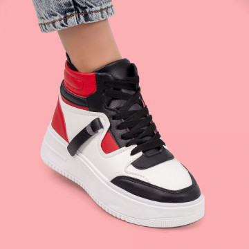 Ghete sport dama cu talpa groasa albe cu rosu MOD02321